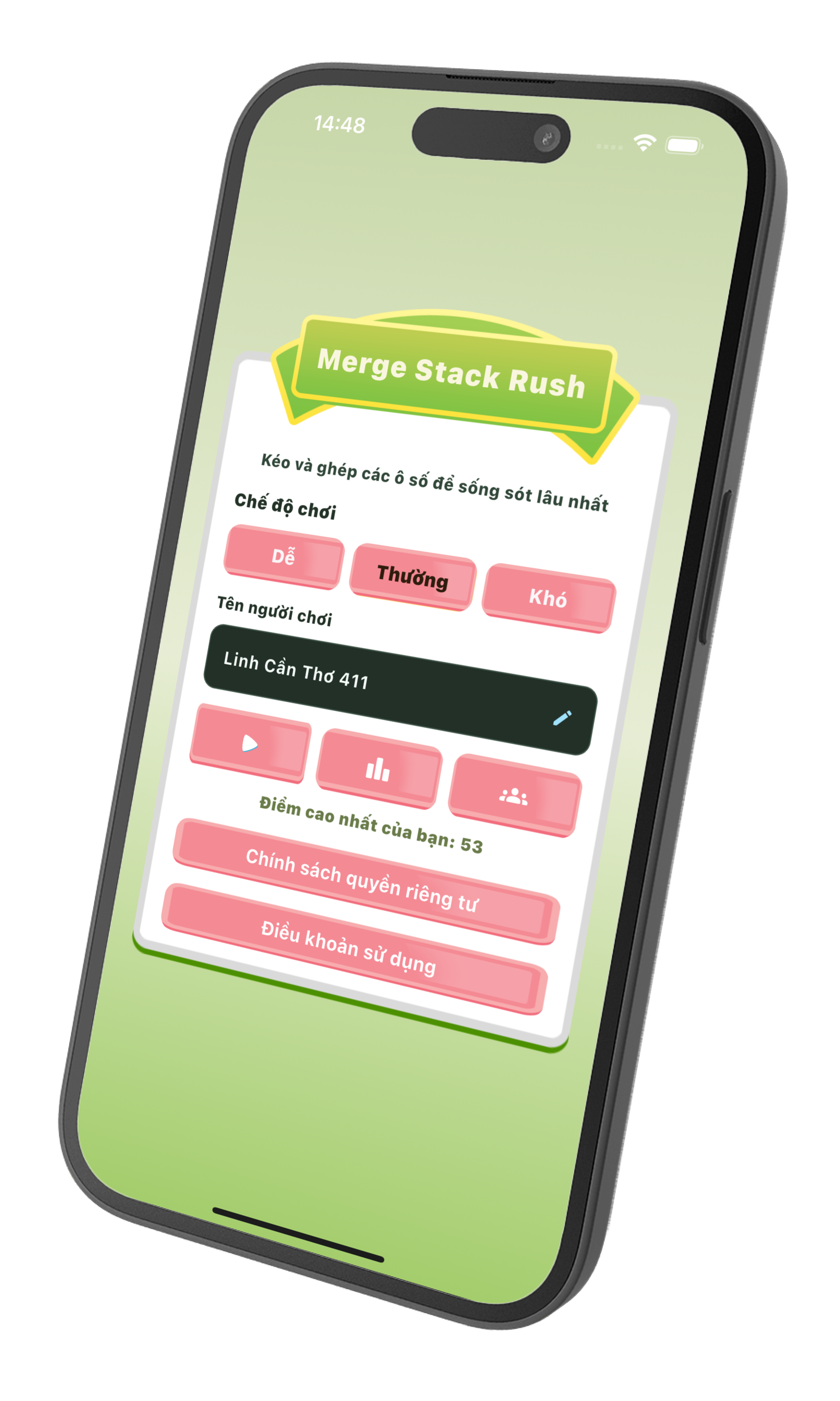 Màn hình cài đặt chế độ chơi của Merge Stack Rush