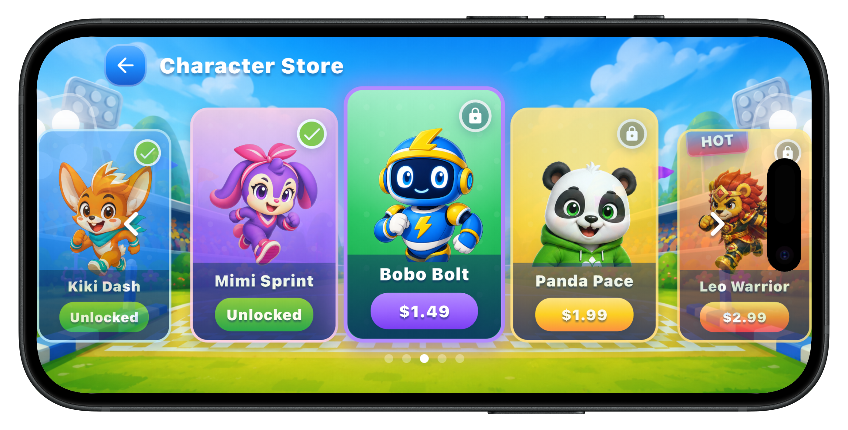 Màn hình cửa hàng nhân vật trong Mind Racers